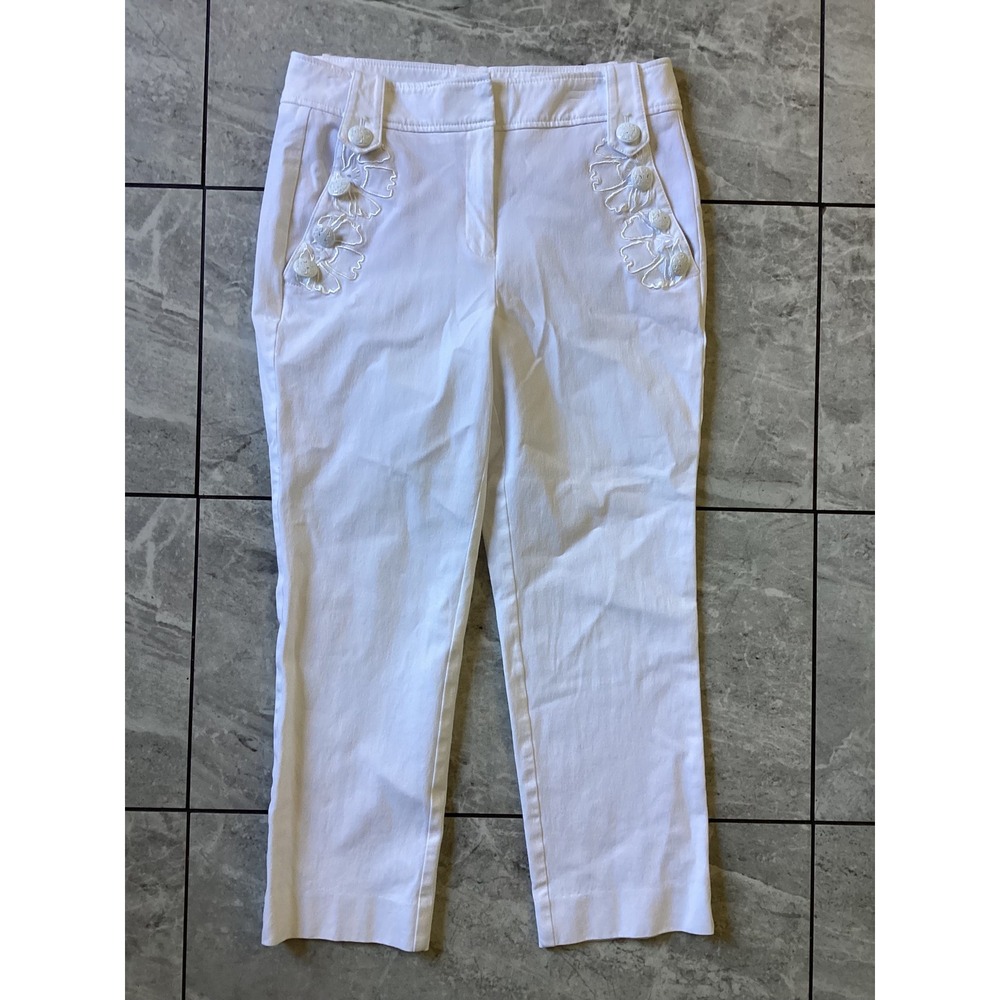 White House Black Market Jolie Straight White Embroidered Button Pants 4S